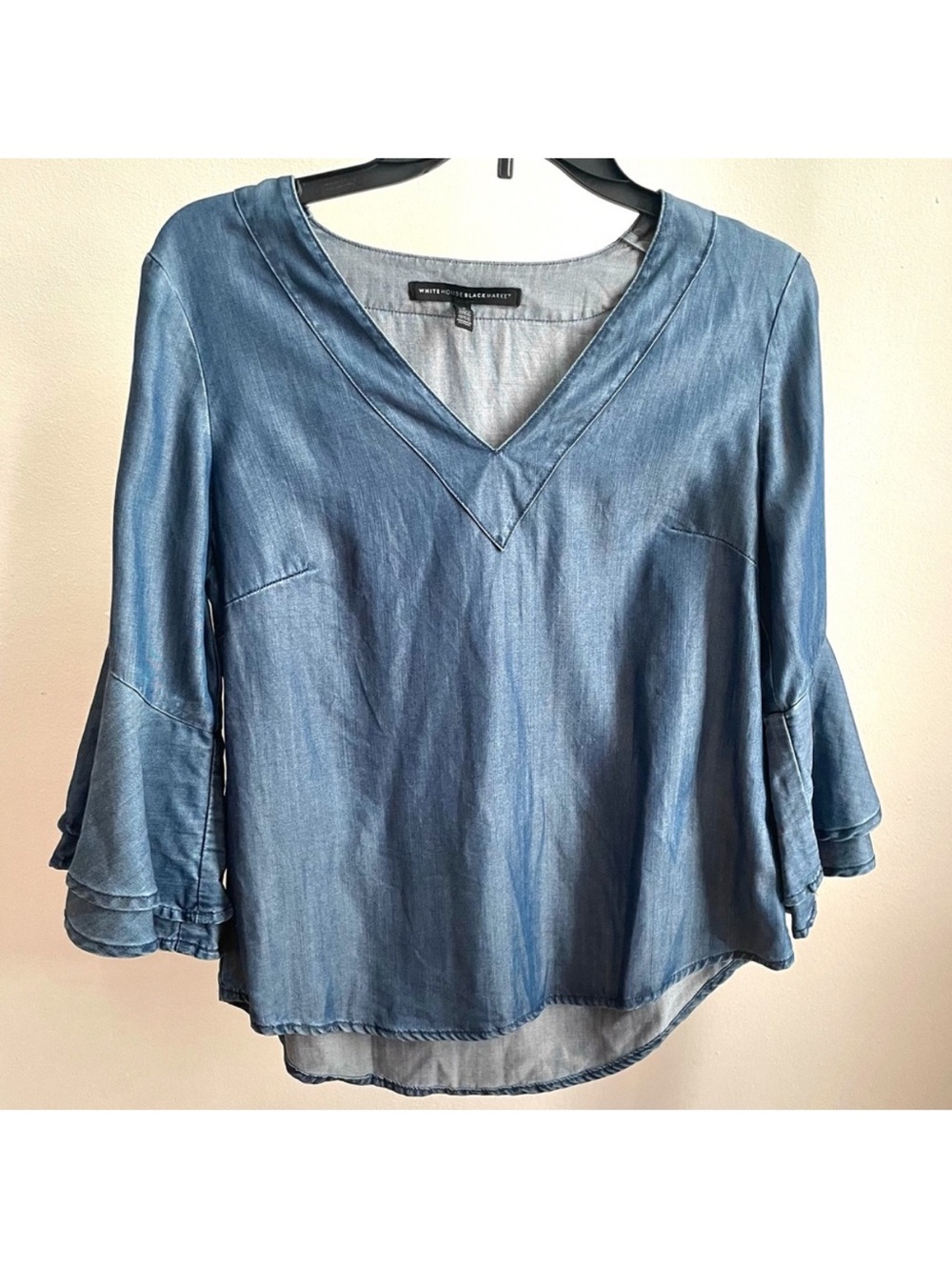 White House Black Market Denim V-Neck Ruffle Sleeves Top
